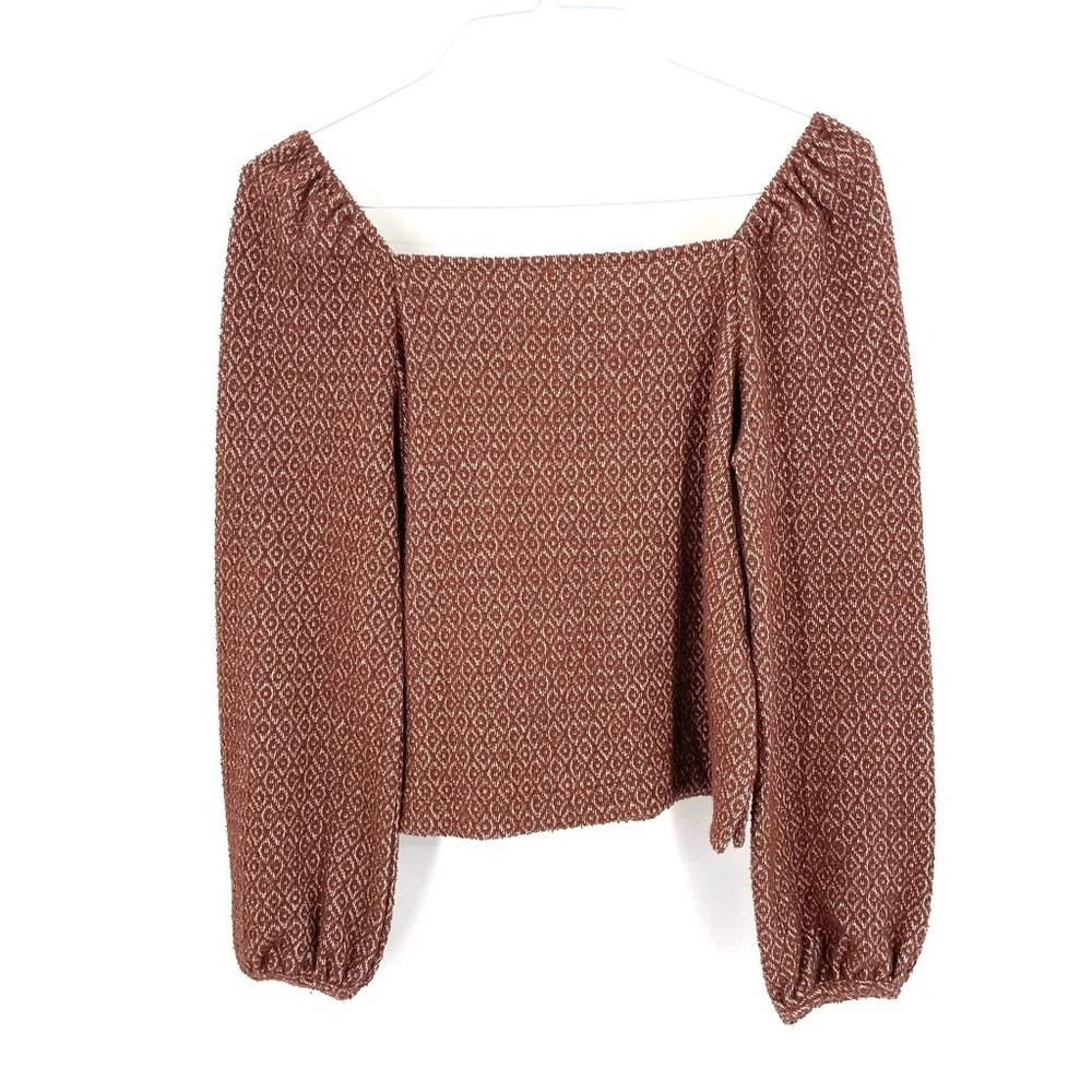 MADEWELL Jacquard Puff-Sleeve Boho Cropped Long Sleeve Blouse Top